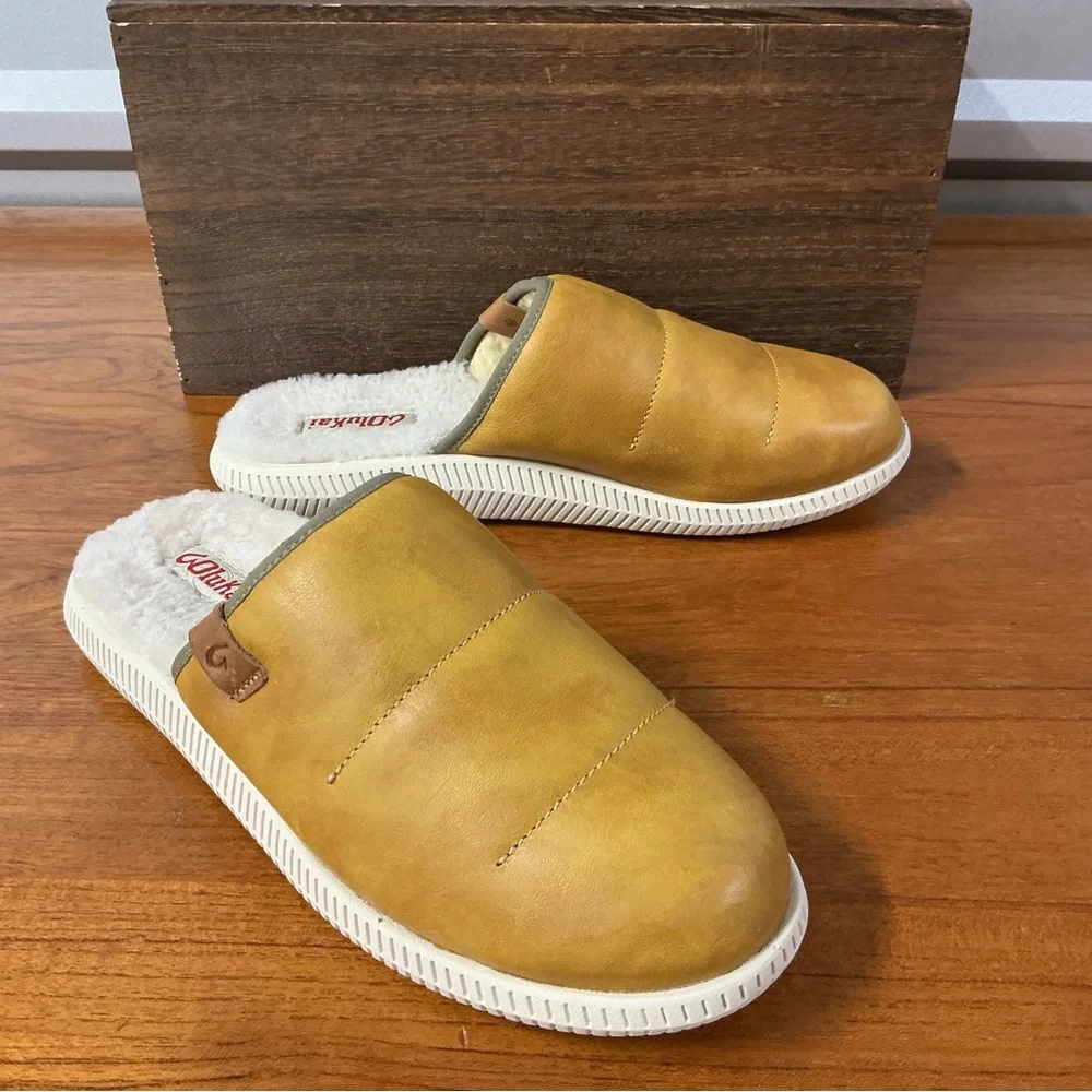 Olukai Men Mua’Ili Tan Leather Lined Mule Island Slippers Size 9